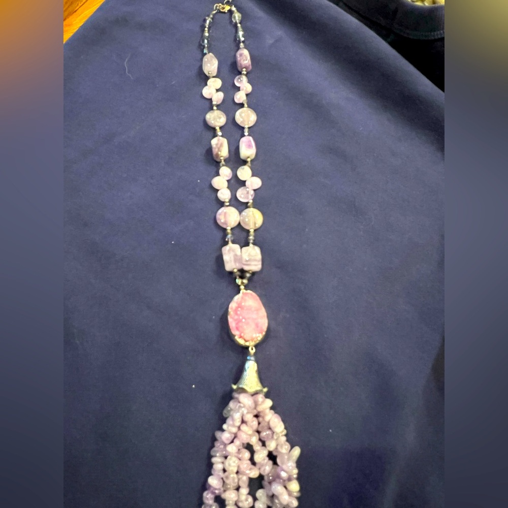 Beaded amethyst crystal necklace with druzy pendent and beaded tassels